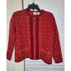 Womens Nordic Wool Cardigan Sweater PM Velvet Trim Scandinavian Norwegian Ski